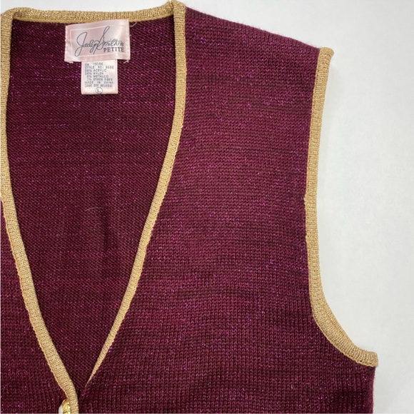 Vintage Metallic Knit Sweater Vest Floral Beaded Plum Purple Gold Trim M/L - Picture 2 of 12